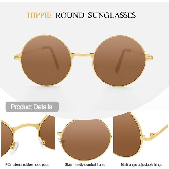 Chrorine Women's Gold Frame Brown Lens Hippie Round 70s Retro Sun Glasses - Picture 4 of 6